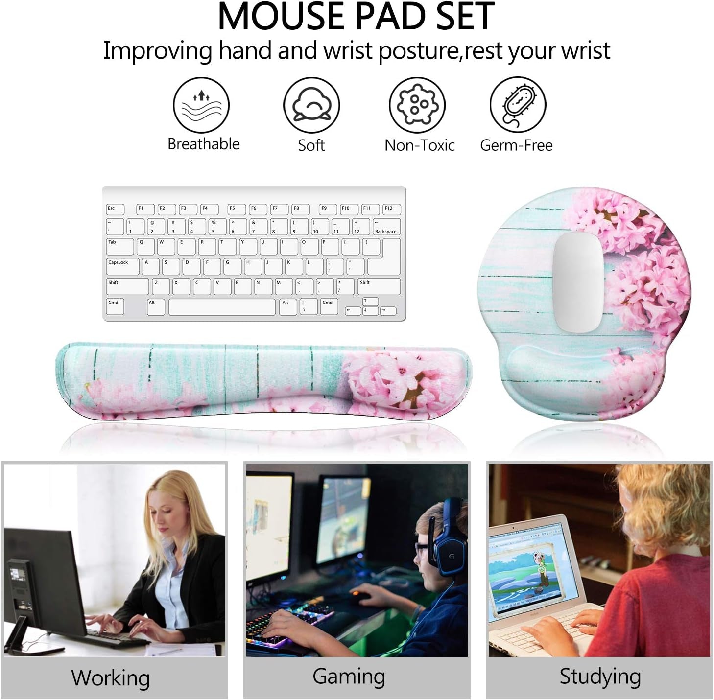 Ergonomic Mouse Pad Wrist Support and Keyboard Wrist Rest Set with Non-Slip, Memory Form-Filled, Mouse Pad with Wrist Rest Cushion for Hand Computer Desk Gaming Office Laptop, Teal Pink Floral