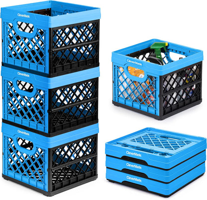 Collapsible Milk Crate, Neptune Blue, 3PK - 25L (6 Gal) Stackable Storage Bins, Holds 50Lbs per Bin - Clevercrates Are Heavy Duty, Plastic Collapsible Storage Crate for Multi Purposes