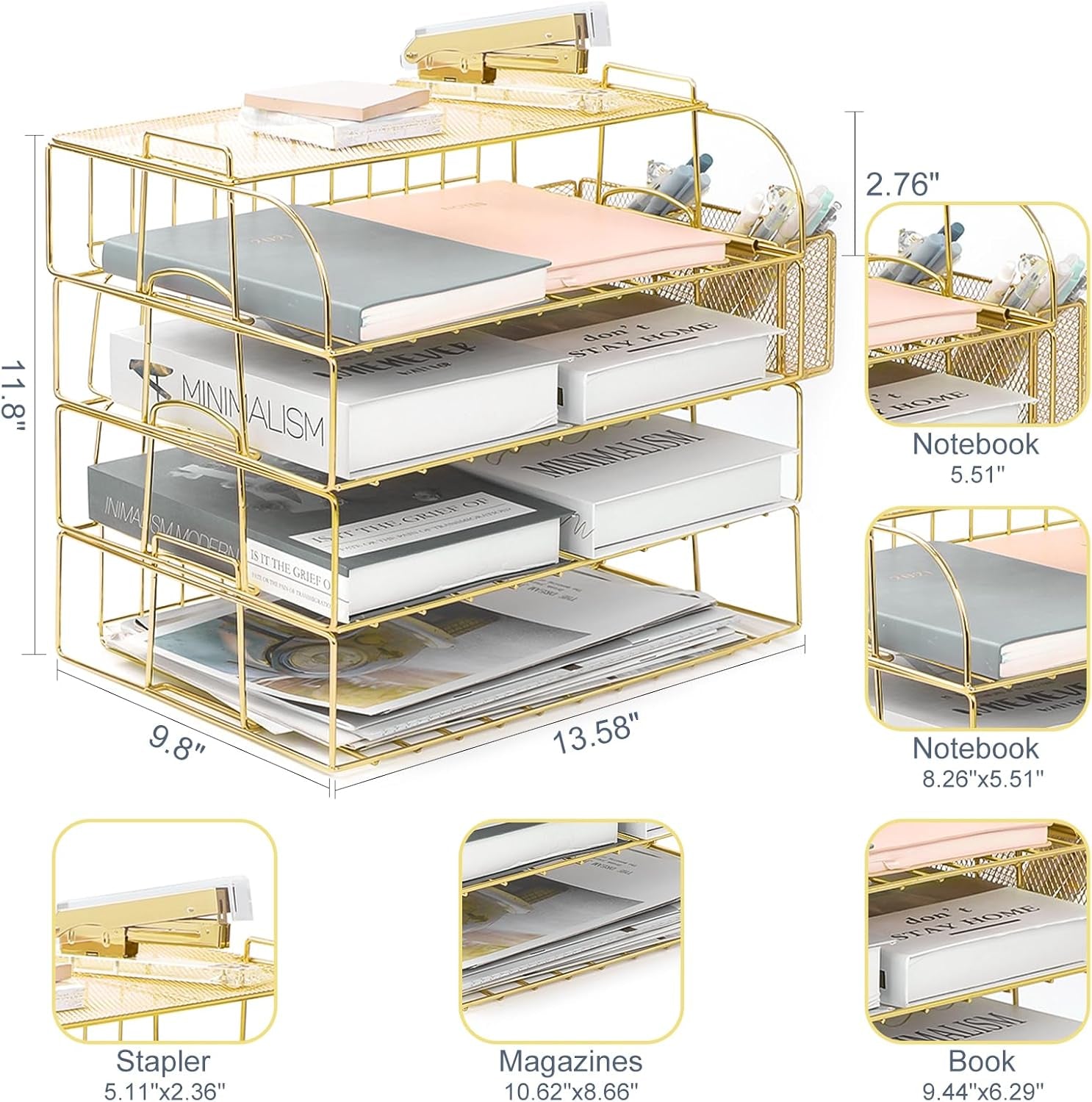 Gold Paper Organizer for Desk with Pen Holder, 4 Tier Desk Organizers for Home and Office Stackable Letter Tray(Gold)