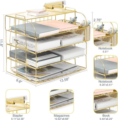 Gold Paper Organizer for Desk with Pen Holder, 4 Tier Desk Organizers for Home and Office Stackable Letter Tray(Gold)