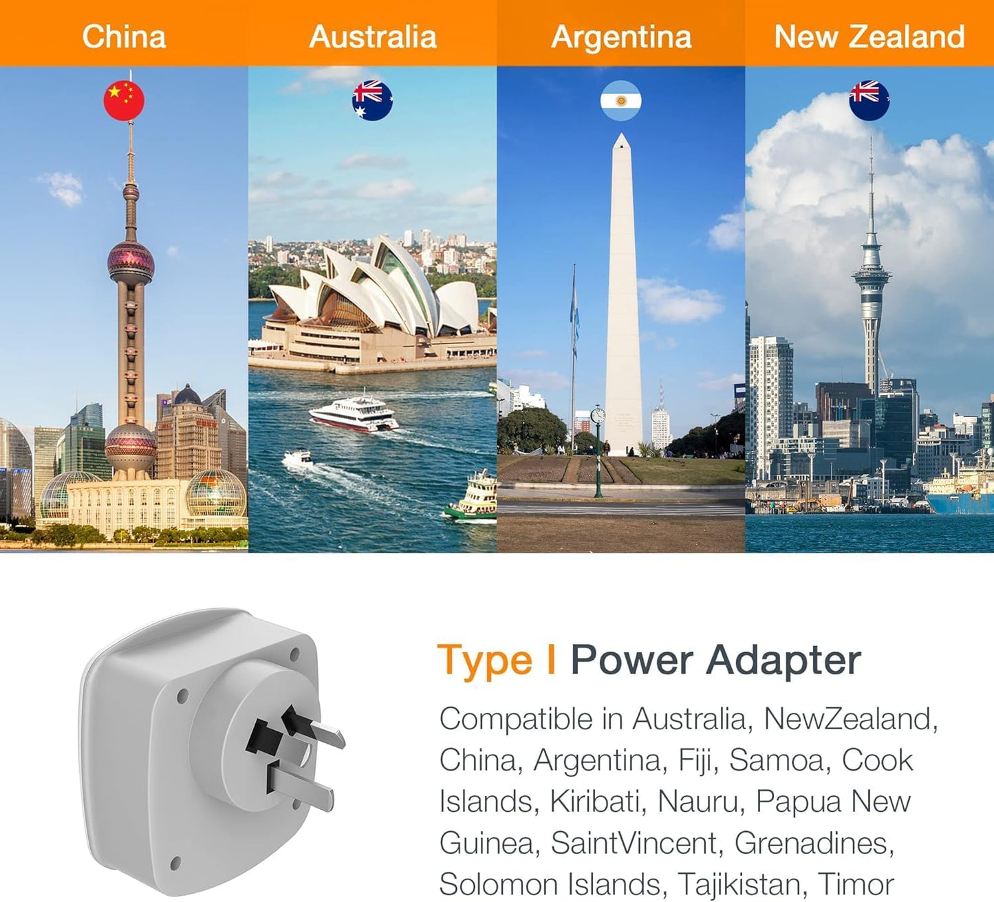 Australia New Zealand Power Converter, Type I Travel Plug Adapter with 2 USB Ports 2 AC Outlets, US to Australian Argentina Fiji China Au Adaptor