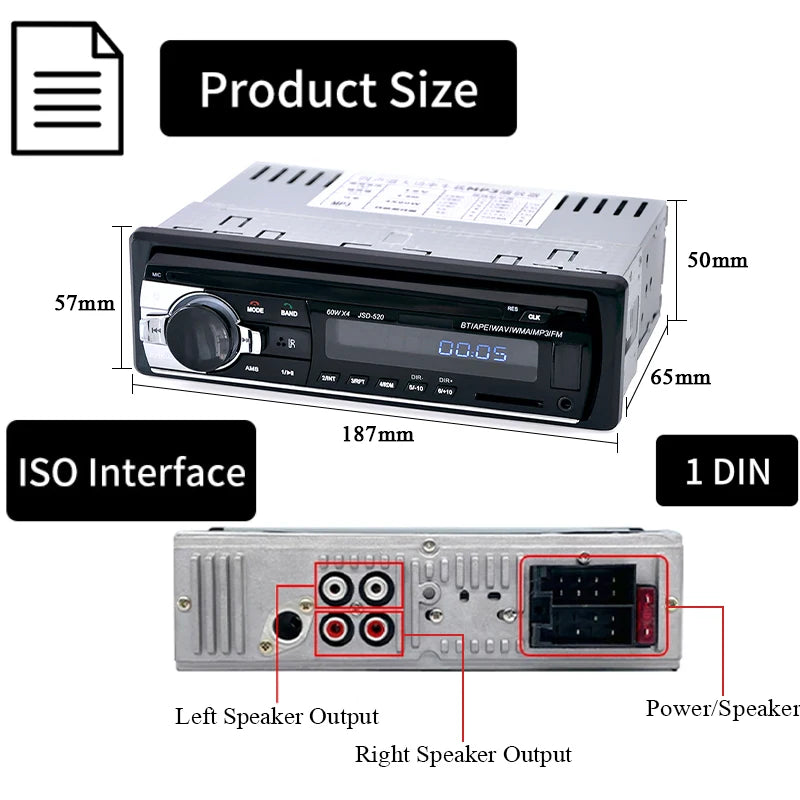 Car Radio 1 Din Stereo Player Digital Bluetooth Car MP3 Player 60Wx4 FM Radio Stereo Audio Music USB/SD with in Dash AUX Input