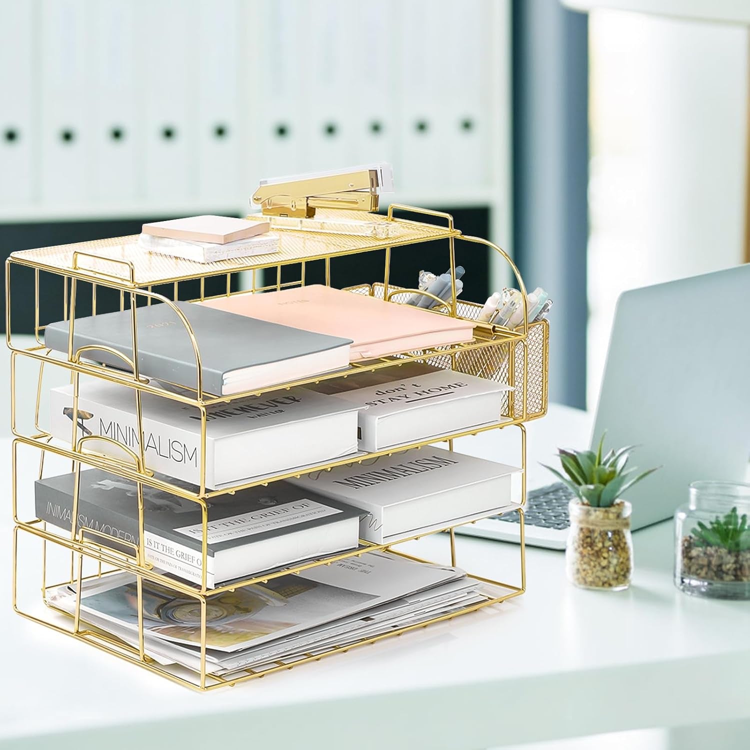 Gold Paper Organizer for Desk with Pen Holder, 4 Tier Desk Organizers for Home and Office Stackable Letter Tray(Gold)