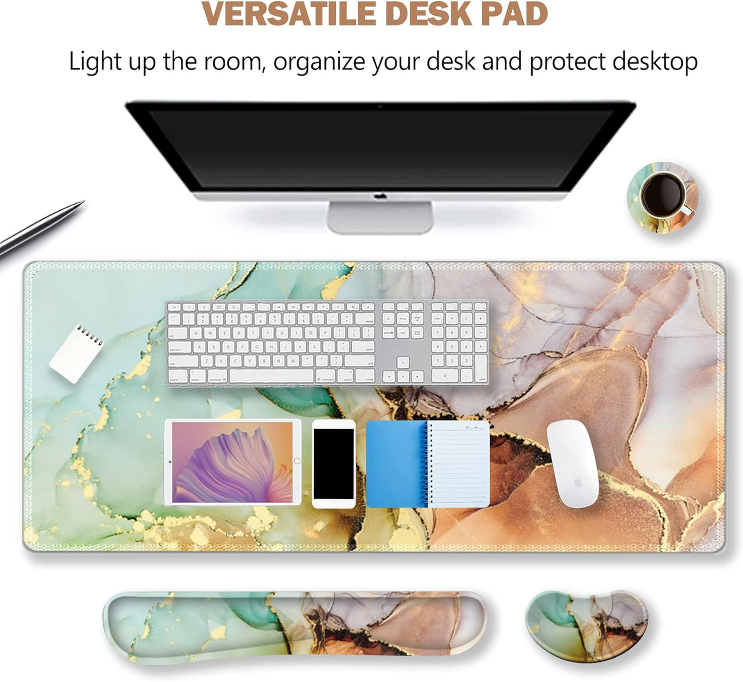 Large Gaming Mouse Pad, Keyboard Wrist Rest Pad & Wrist Support Mousepad Set, Stitched Edge, Extended, Non-Slip Base, Memory Foam Desk Mat for Office, Home, Abstract Art Marble