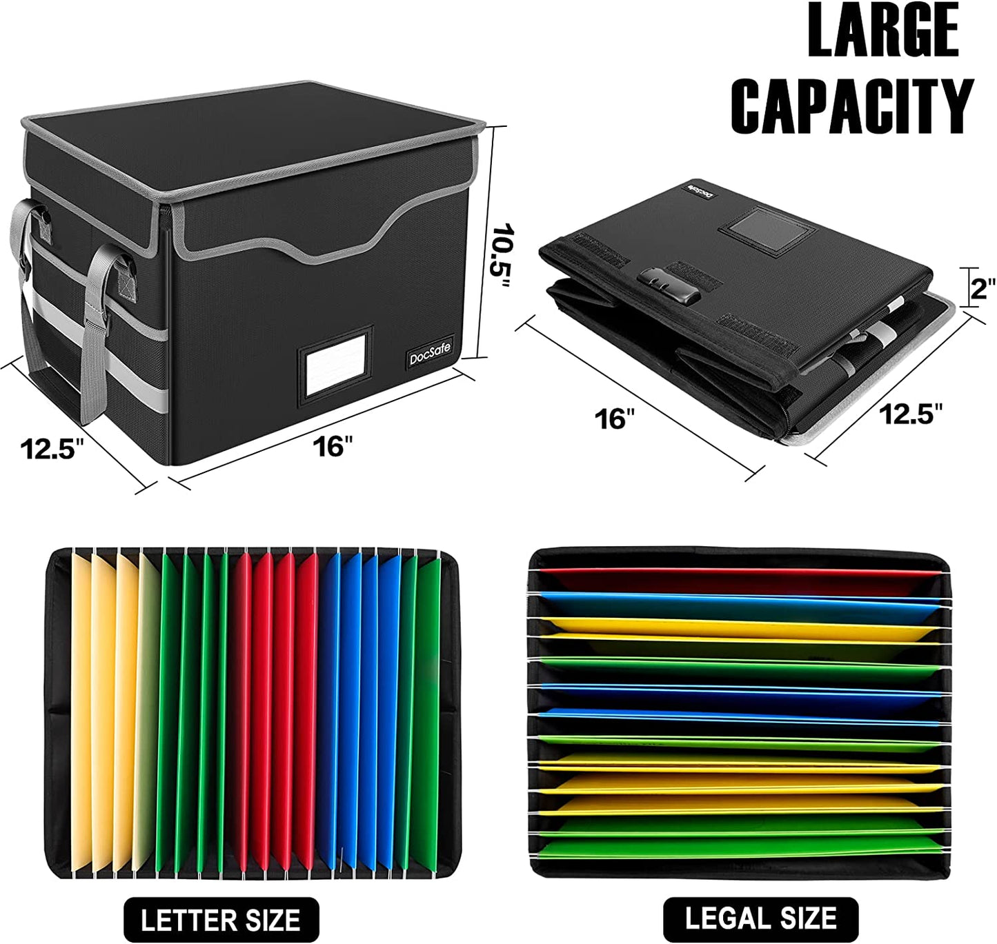 File Box Fireproof Document Box with Lock,File Storage Organizer Box with Mesh Pockets,Collapsible Portable File Box Home Office File Cabinet with Handle for Hanging Letter/Legal Folder,Black