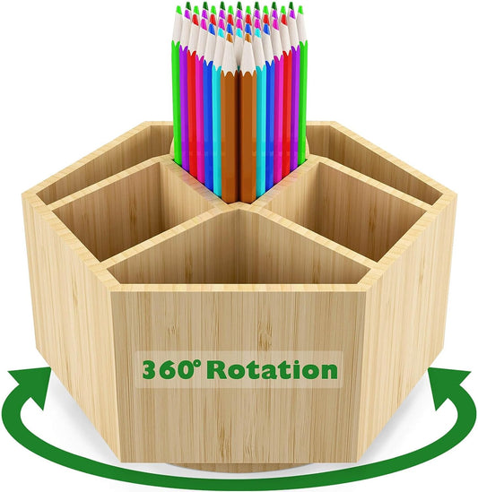 Bamboo Art Supply Organizer, Back to School Supplies, Hold 350+ Pencils, Rotating School Supplies Holder for Pen, Colored Pencil, Art Brushes, Desktop Storage Caddy for Classroom & Art Studio