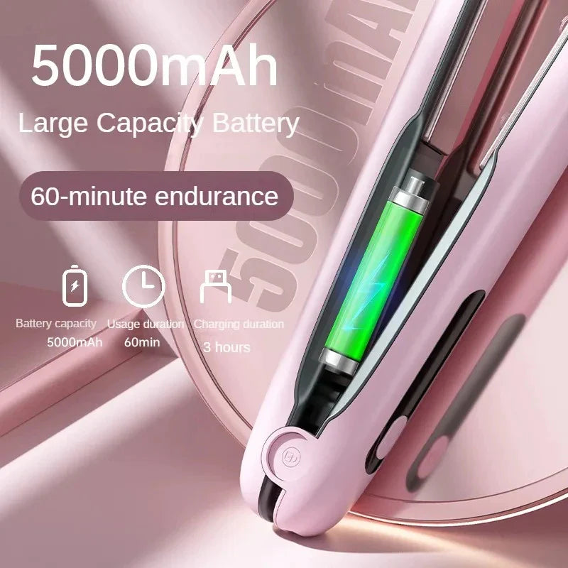 Wireless Hair Straightener Flat Iron Mini 2 in 1 Roller USB 5000Mah Max 200 Degree Portable Cordless Curler 4 Levels Dry and Wet Uses