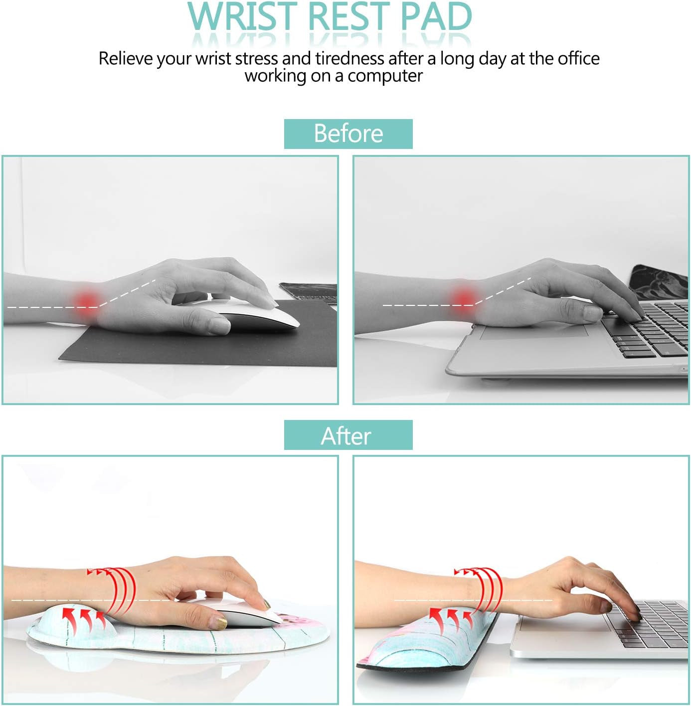 Ergonomic Mouse Pad Wrist Support and Keyboard Wrist Rest Set with Non-Slip, Memory Form-Filled, Mouse Pad with Wrist Rest Cushion for Hand Computer Desk Gaming Office Laptop, Teal Pink Floral