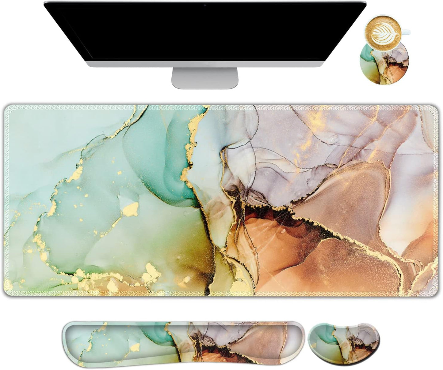 Large Gaming Mouse Pad, Keyboard Wrist Rest Pad & Wrist Support Mousepad Set, Stitched Edge, Extended, Non-Slip Base, Memory Foam Desk Mat for Office, Home, Abstract Art Marble