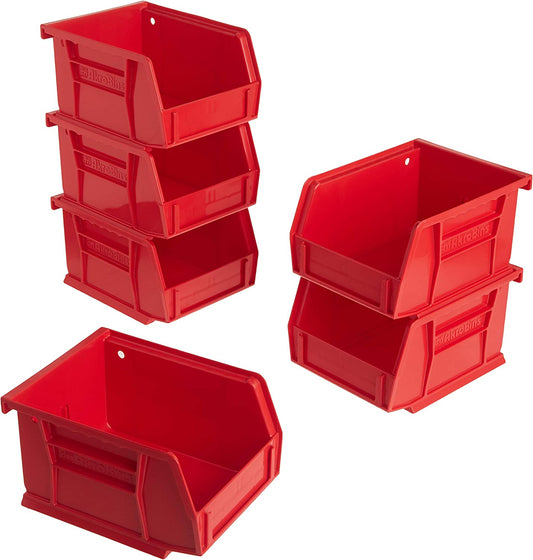 08212 Akrobins Plastic Storage Bins, Space-Saving Stackable Bins to Use for Garage Organization Bins, Pantry Organization, Craft Storage, 5-Inch X 4-Inch X 3-Inch, Red, 6-Pack