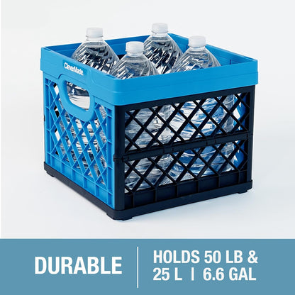 Collapsible Milk Crate, Neptune Blue, 3PK - 25L (6 Gal) Stackable Storage Bins, Holds 50Lbs per Bin - Clevercrates Are Heavy Duty, Plastic Collapsible Storage Crate for Multi Purposes