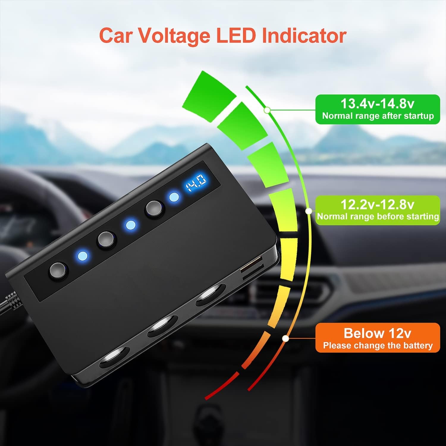 Cigarette Lighter Splitter,  180W QC 3.0 Cigarette Lighter USB Charger Adapter with 3 Sockets 12V/24V Max 6.6A 4-Port Quick Charge USB Outlet, Independent On/Off Switches and Voltage Display