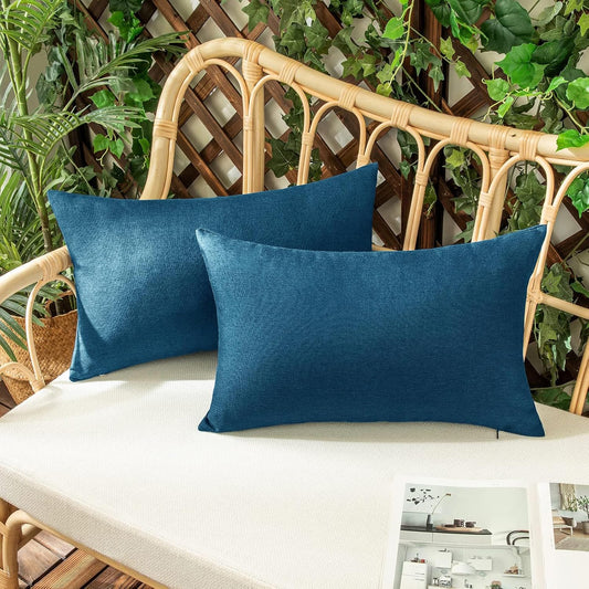 Set of 2 Outdoor Waterproof Throw Pillow Covers Decorative Farmhouse Linen Pillowcases Solid Cushion Cases for Patio Tent Balcony Couch Sofa Car Navy Blue 12X20 Inch