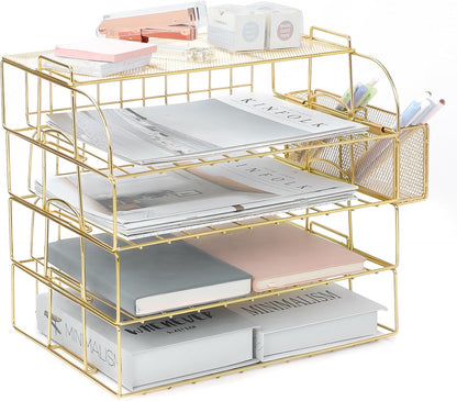 Gold Paper Organizer for Desk with Pen Holder, 4 Tier Desk Organizers for Home and Office Stackable Letter Tray(Gold)