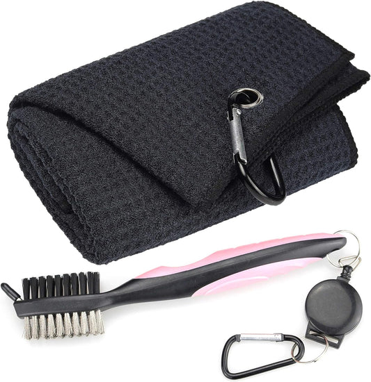 Microfiber Waffle Pattern Tri-Fold Golf Towel | Brush Tool Kit with Club Groove Cleaner, Retractable Extension Cord and Clip