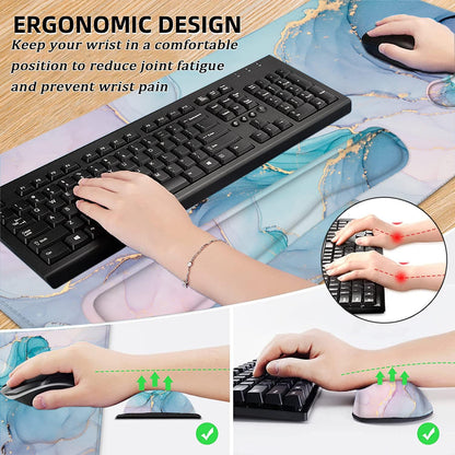 Large Mouse Pad and Keyboard Wrist Rest, Desk Pad for Keyboard and Mouse, 4-In-1 Extended Mouse Pad with Wrist Support, Non-Slip Desk Mat Protector, Ultra Thick Desk Blotter for Office, Home