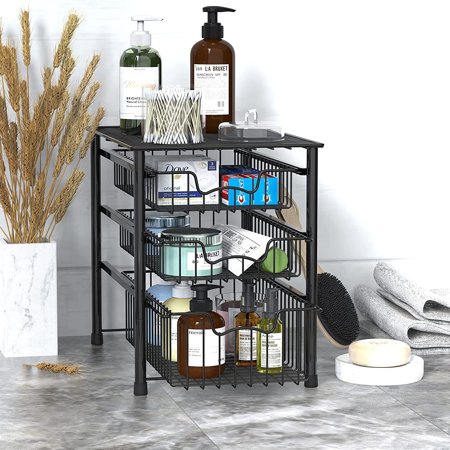 3-Tier Stackable Sliding Basket Storage Organizer Drawer for Bathroom and Kitchen, Black