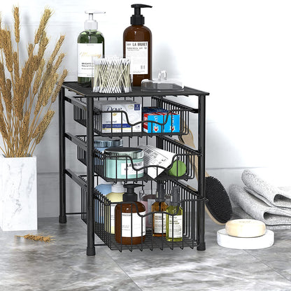 3-Tier Stackable Sliding Basket Storage Organizer Drawer for Bathroom and Kitchen, Black