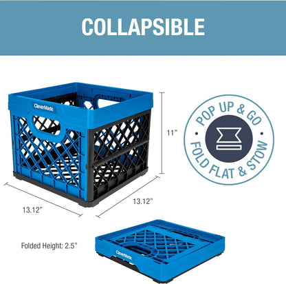 Collapsible Milk Crate, Neptune Blue, 3PK - 25L (6 Gal) Stackable Storage Bins, Holds 50Lbs per Bin - Clevercrates Are Heavy Duty, Plastic Collapsible Storage Crate for Multi Purposes