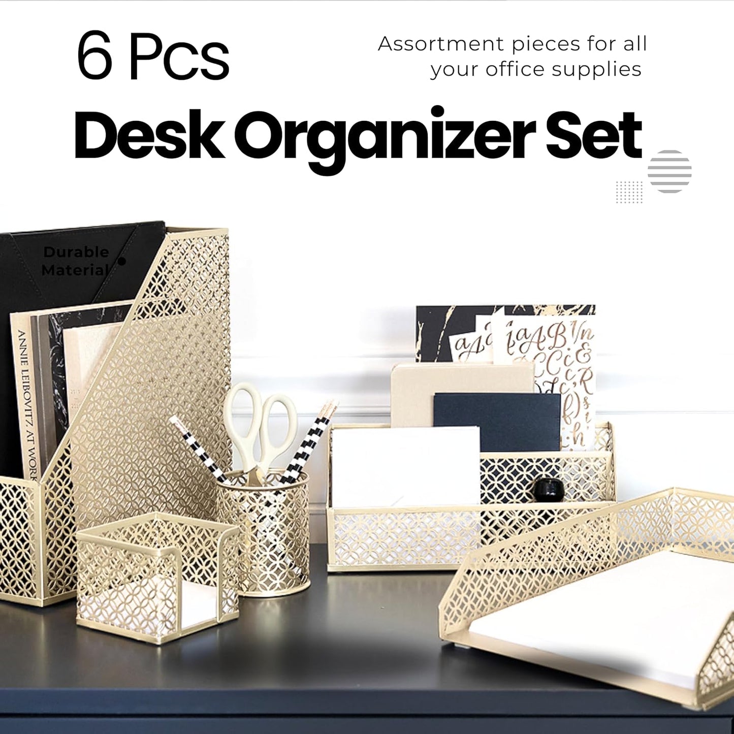 Gold Desk Accessories for Women Office 6 Piece Gold Desk Set Gold Office Organizer - Office Supplies Gold - Office Organization Set - Desk Organizer for Women Gold Desk Sets and Accessories for Women