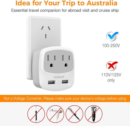 Australia New Zealand Power Converter, Type I Travel Plug Adapter with 2 USB Ports 2 AC Outlets, US to Australian Argentina Fiji China Au Adaptor