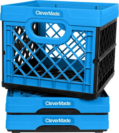 Collapsible Milk Crate, Neptune Blue, 3PK - 25L (6 Gal) Stackable Storage Bins, Holds 50Lbs per Bin - Clevercrates Are Heavy Duty, Plastic Collapsible Storage Crate for Multi Purposes