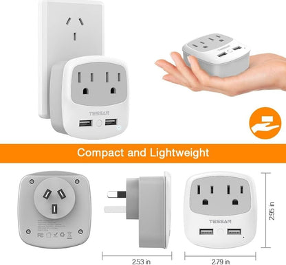 Australia New Zealand Power Converter, Type I Travel Plug Adapter with 2 USB Ports 2 AC Outlets, US to Australian Argentina Fiji China Au Adaptor