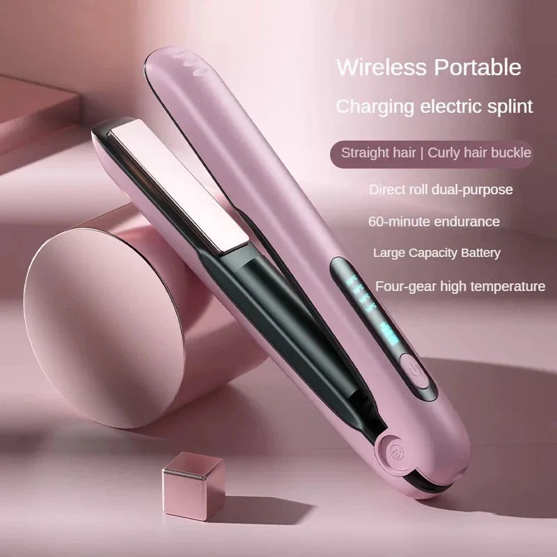 Wireless Hair Straightener Flat Iron Mini 2 in 1 Roller USB 5000Mah Max 200 Degree Portable Cordless Curler 4 Levels Dry and Wet Uses