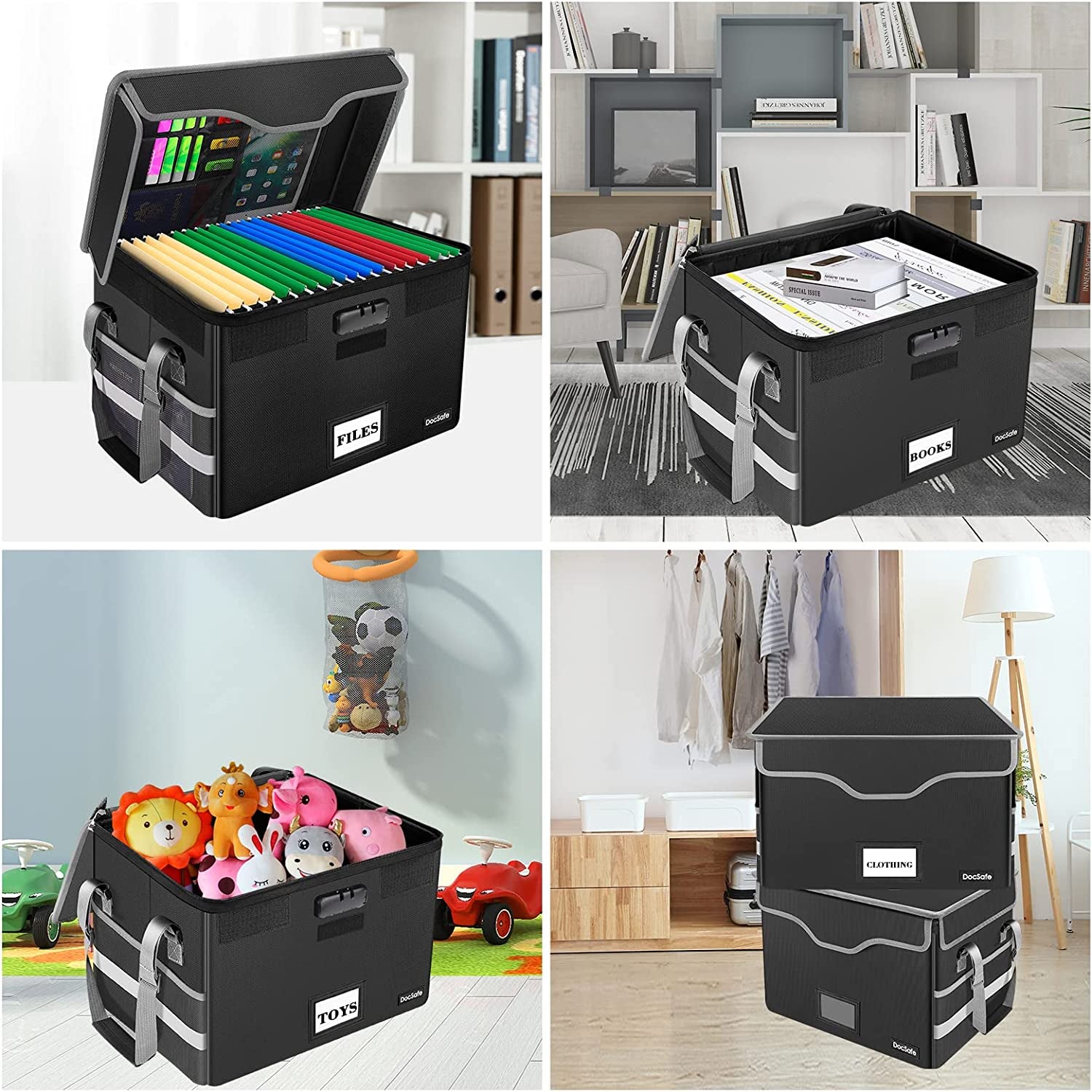 File Box Fireproof Document Box with Lock,File Storage Organizer Box with Mesh Pockets,Collapsible Portable File Box Home Office File Cabinet with Handle for Hanging Letter/Legal Folder,Black