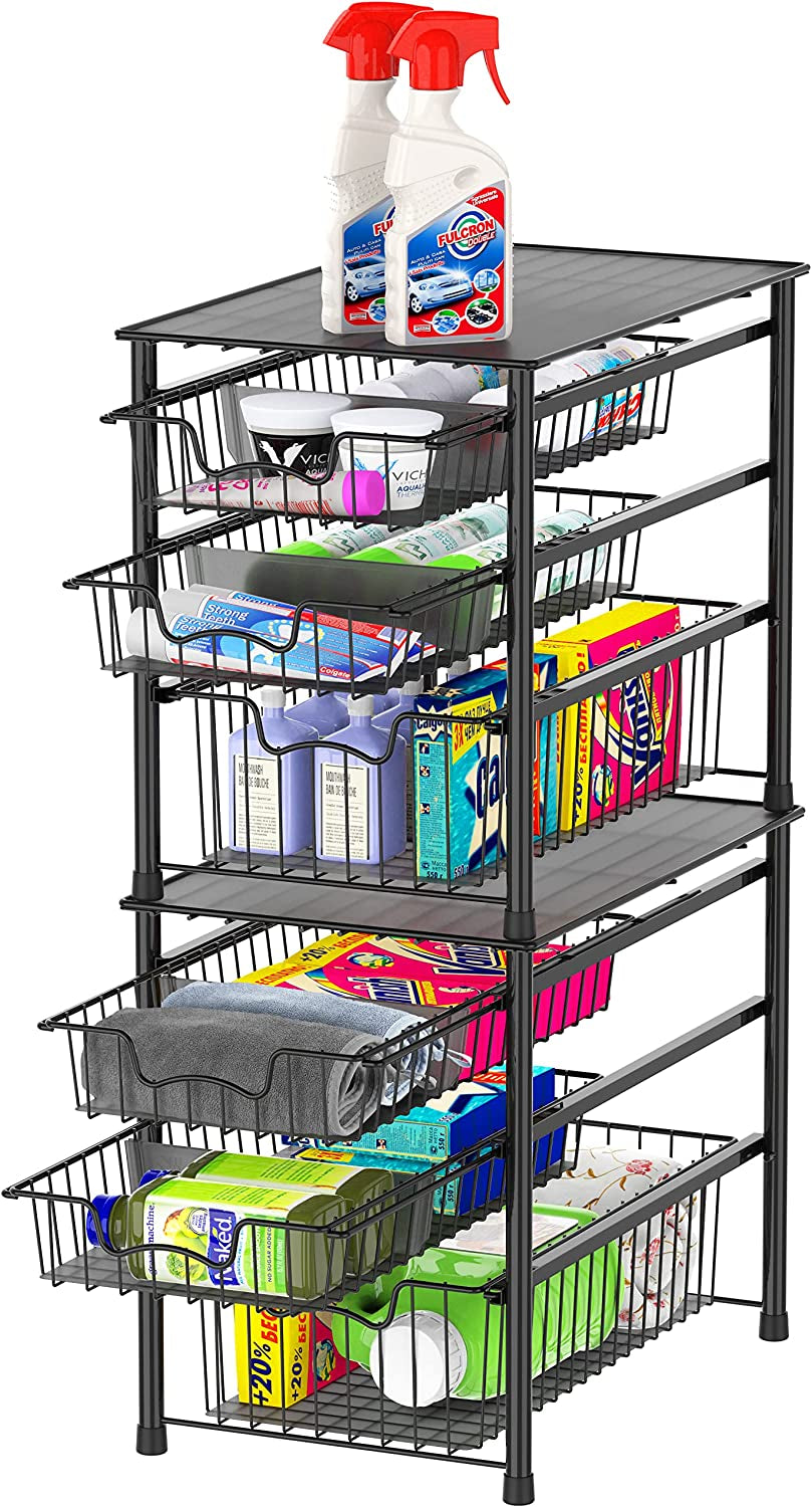 3-Tier Stackable Sliding Basket Storage Organizer Drawer for Bathroom and Kitchen, Black