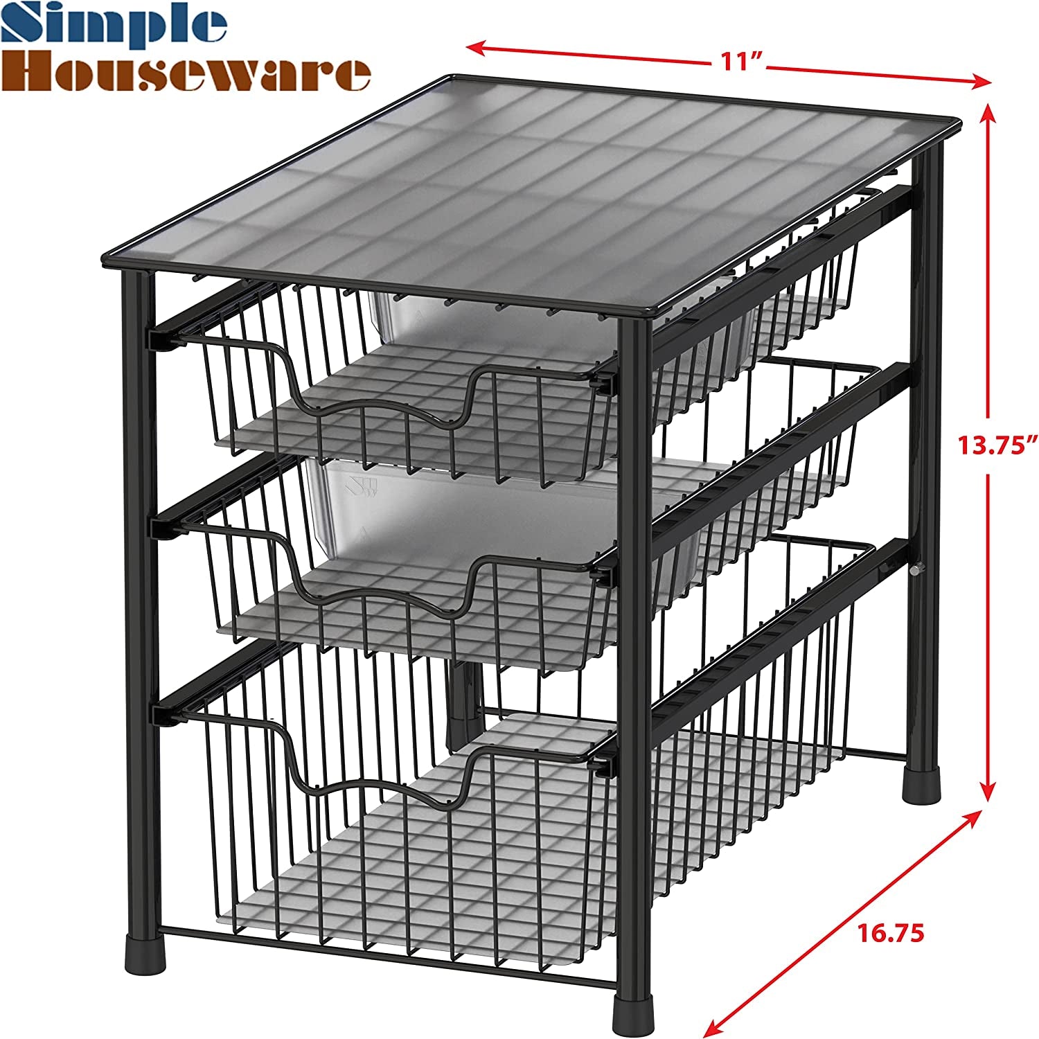 3-Tier Stackable Sliding Basket Storage Organizer Drawer for Bathroom and Kitchen, Black