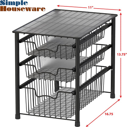 3-Tier Stackable Sliding Basket Storage Organizer Drawer for Bathroom and Kitchen, Black